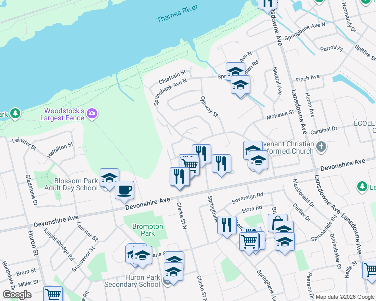 map of restaurants, bars, coffee shops, grocery stores, and more near in Woodstock