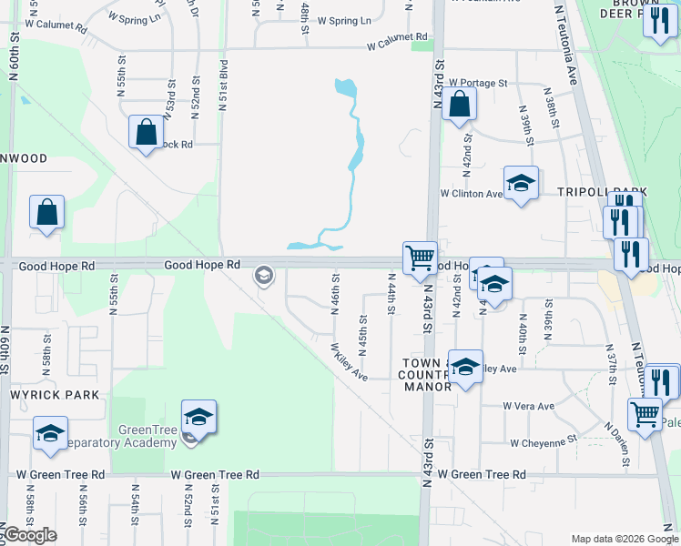 map of restaurants, bars, coffee shops, grocery stores, and more near 7135 North 45th Street in Milwaukee