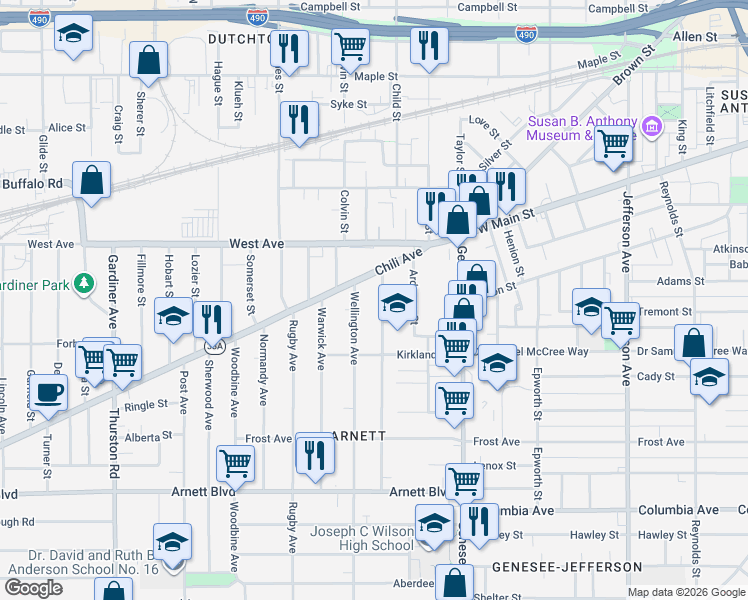 map of restaurants, bars, coffee shops, grocery stores, and more near 79 Kenwood Avenue in Rochester