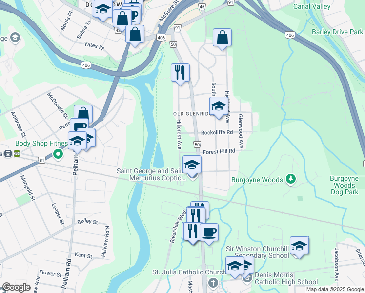 map of restaurants, bars, coffee shops, grocery stores, and more near 57 Hillcrest Avenue in Saint Catharines