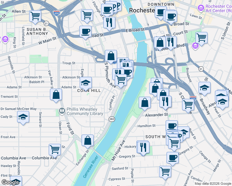 map of restaurants, bars, coffee shops, grocery stores, and more near 86 Cornhill Place in Rochester