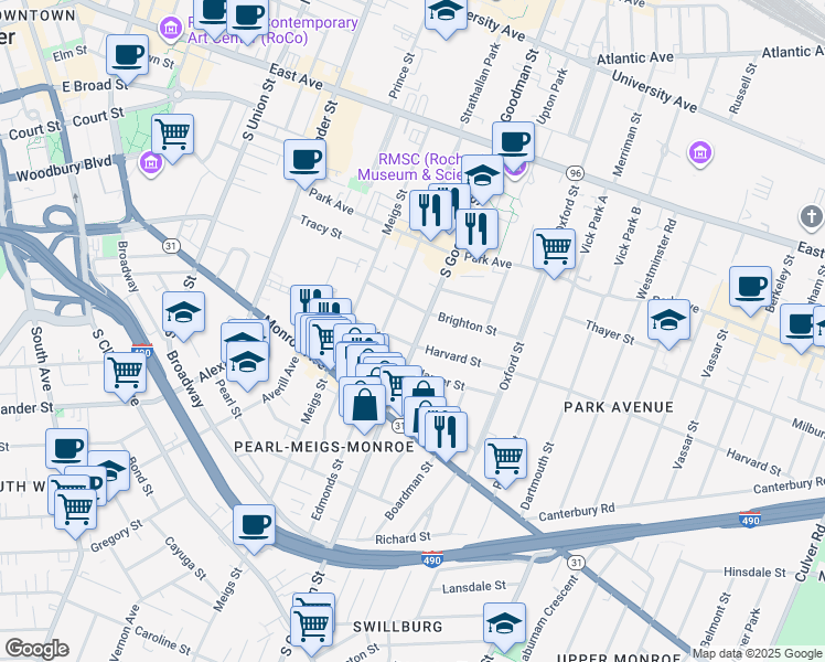 map of restaurants, bars, coffee shops, grocery stores, and more near 275 South Goodman Street in Rochester