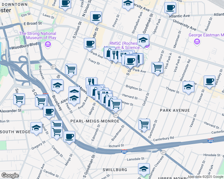 map of restaurants, bars, coffee shops, grocery stores, and more near 40 Rowley Street in Rochester