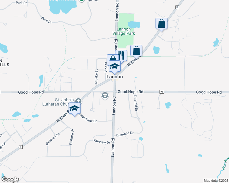 map of restaurants, bars, coffee shops, grocery stores, and more near Lannon Road in Menomonee Falls