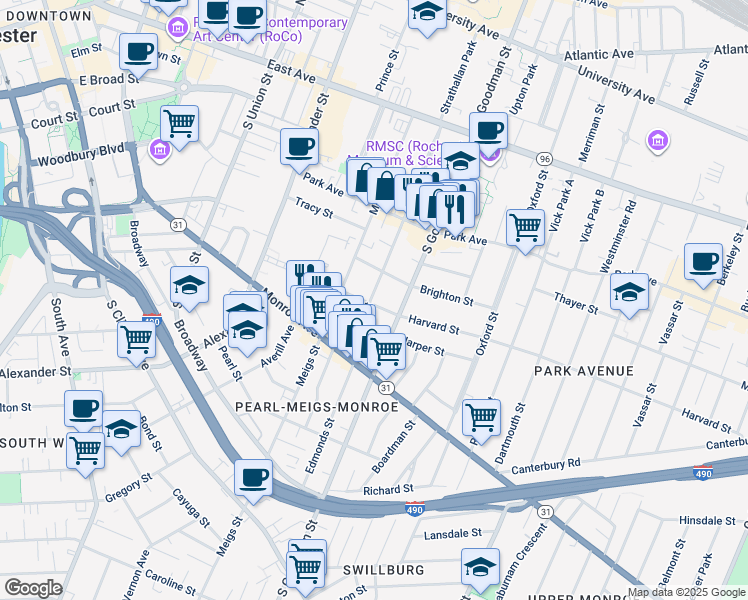 map of restaurants, bars, coffee shops, grocery stores, and more near 40 Rowley Street in Rochester