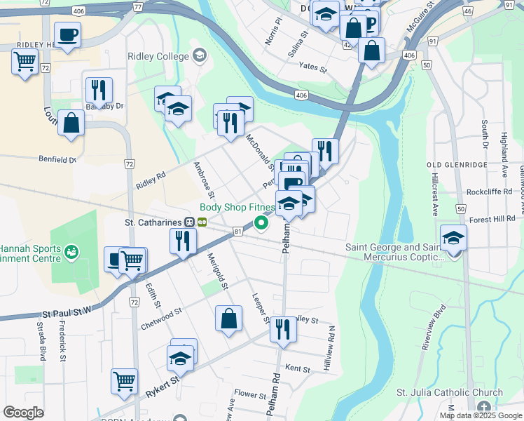 map of restaurants, bars, coffee shops, grocery stores, and more near 1 Dexter Street in Saint Catharines