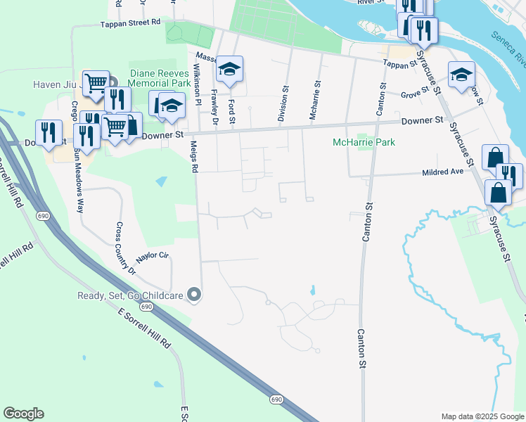 map of restaurants, bars, coffee shops, grocery stores, and more near 1423 Landrush Way in Baldwinsville