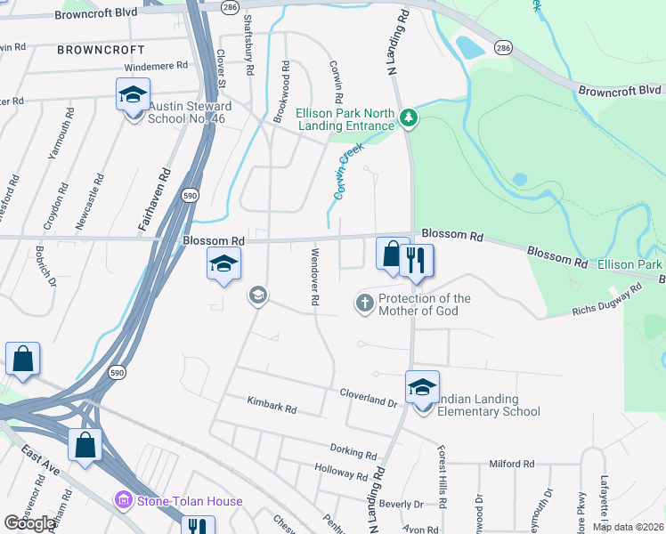 map of restaurants, bars, coffee shops, grocery stores, and more near 5 Blossom Circle West in Rochester
