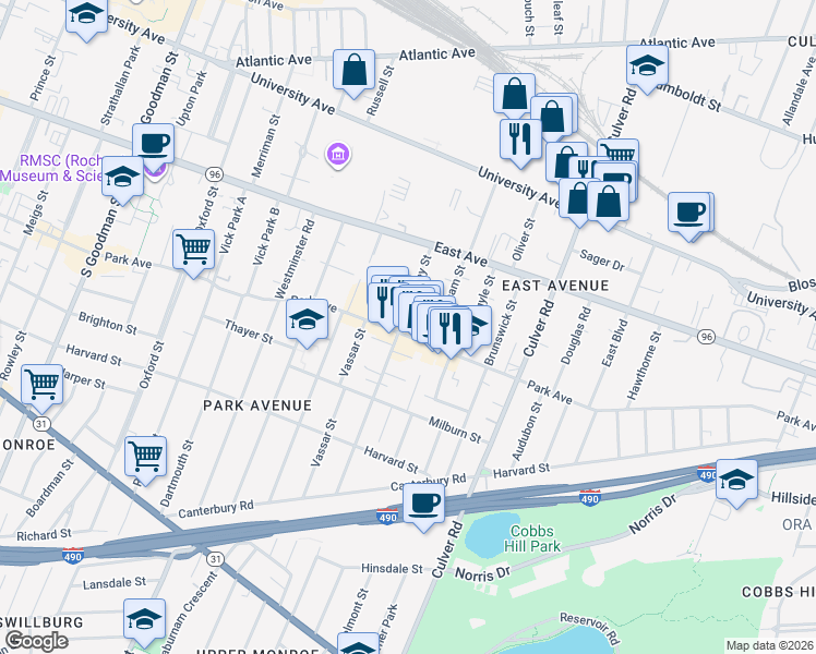 map of restaurants, bars, coffee shops, grocery stores, and more near 80 Berkeley Street in Rochester