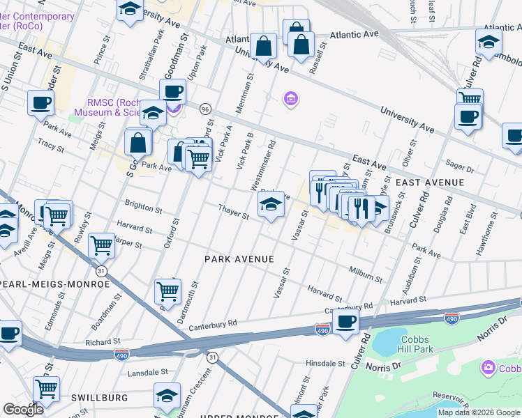 map of restaurants, bars, coffee shops, grocery stores, and more near in Rochester