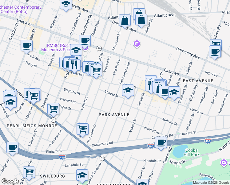 map of restaurants, bars, coffee shops, grocery stores, and more near 139 Westminster Road in Rochester