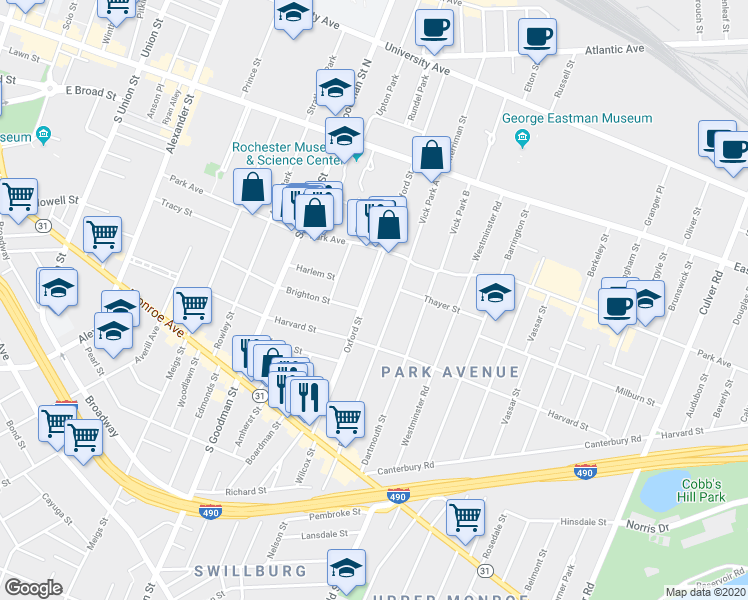 map of restaurants, bars, coffee shops, grocery stores, and more near 33 Rutgers Street in Rochester