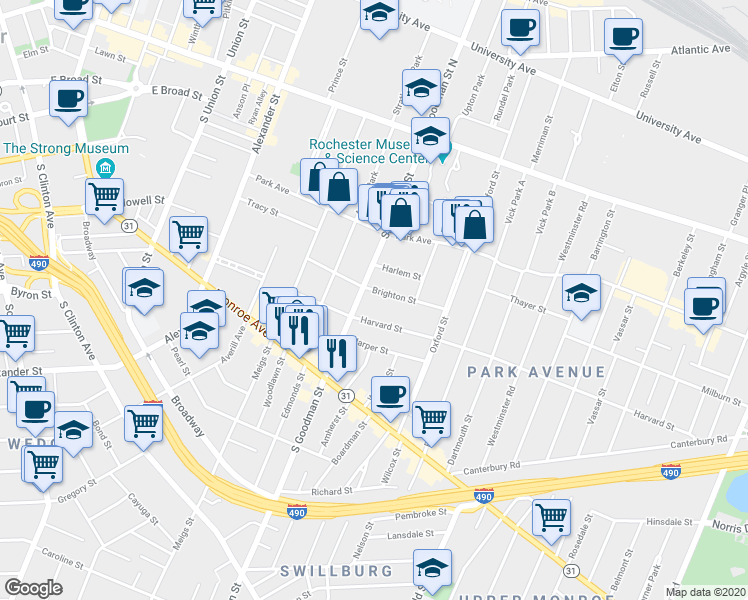 map of restaurants, bars, coffee shops, grocery stores, and more near 224 South Goodman Street in Rochester