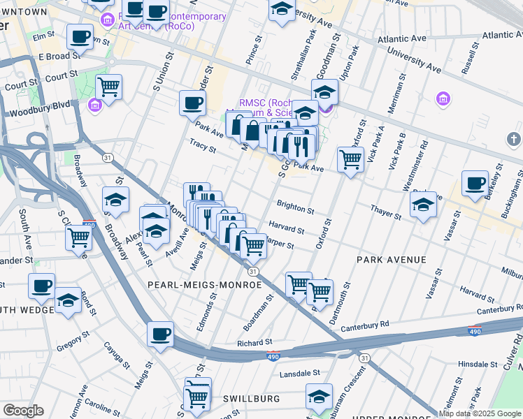 map of restaurants, bars, coffee shops, grocery stores, and more near 24 Rowley Street in Rochester
