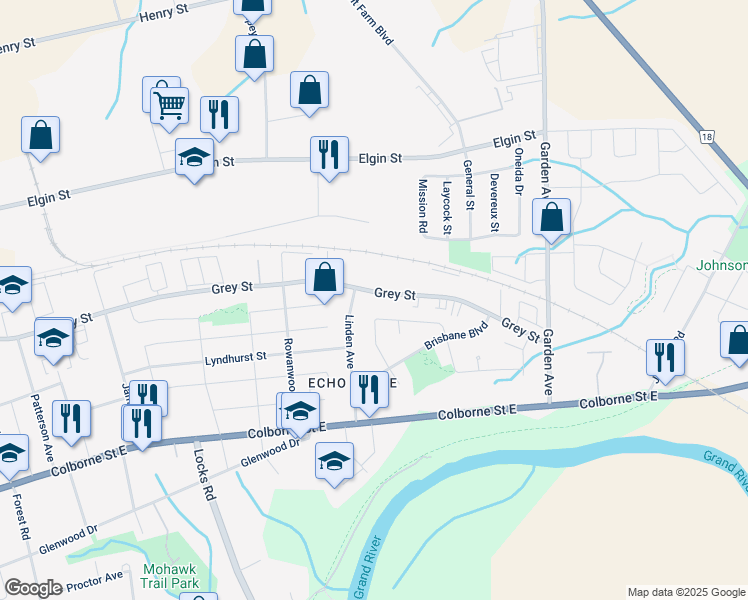map of restaurants, bars, coffee shops, grocery stores, and more near 612 Grey Street in Brantford