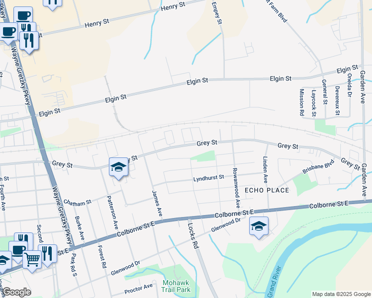 map of restaurants, bars, coffee shops, grocery stores, and more near in Brantford