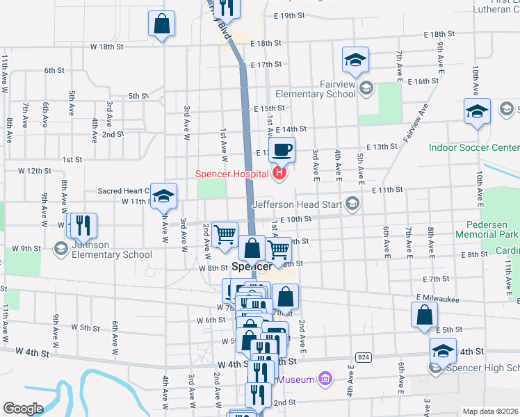 map of restaurants, bars, coffee shops, grocery stores, and more near 1018 Grand Avenue in Spencer