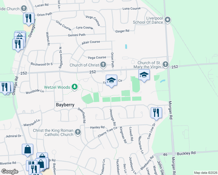 map of restaurants, bars, coffee shops, grocery stores, and more near 4338 Wetzel Road in Liverpool