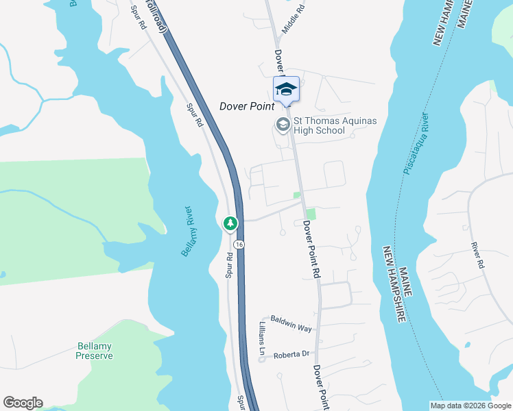 map of restaurants, bars, coffee shops, grocery stores, and more near 33 Ayers Lane in Dover