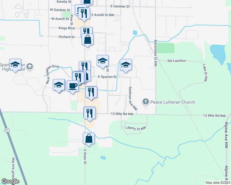 map of restaurants, bars, coffee shops, grocery stores, and more near 521 Donna Street Northwest in Sparta