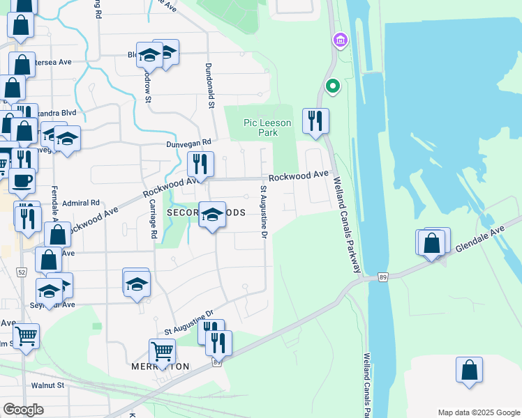 map of restaurants, bars, coffee shops, grocery stores, and more near 47 Brackencrest Road in St. Catharines