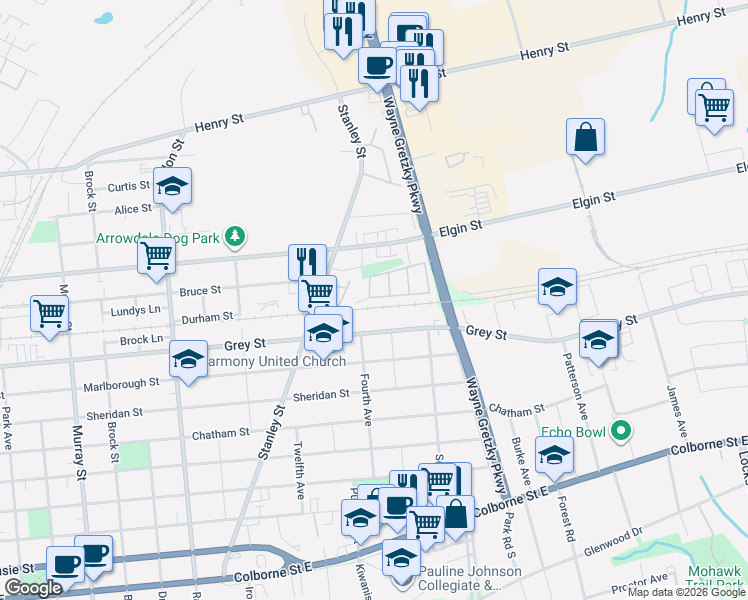 map of restaurants, bars, coffee shops, grocery stores, and more near in Brantford