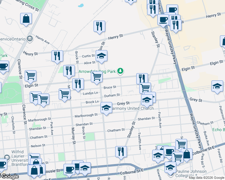 map of restaurants, bars, coffee shops, grocery stores, and more near 11 Esther Street in Brantford
