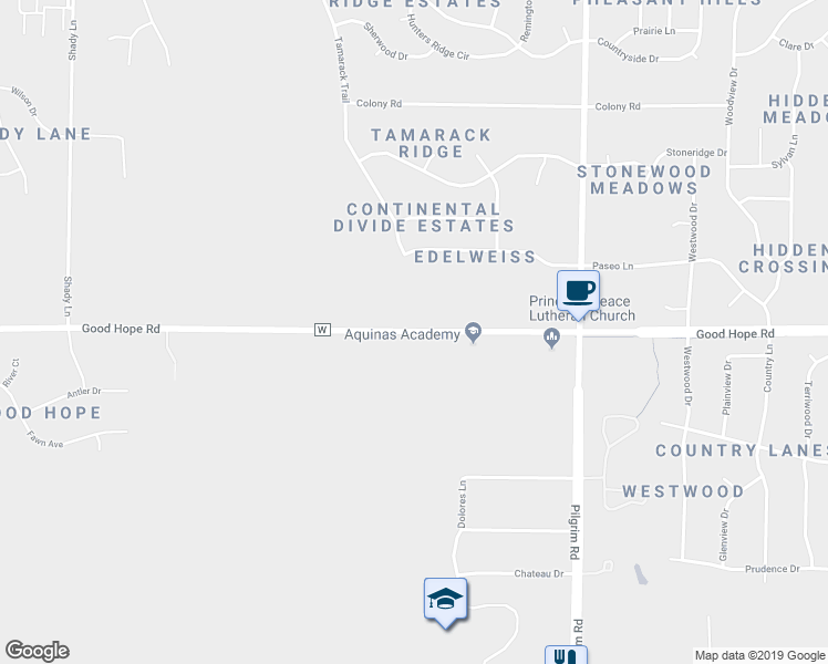 map of restaurants, bars, coffee shops, grocery stores, and more near 16075 Good Hope Road in Menomonee Falls
