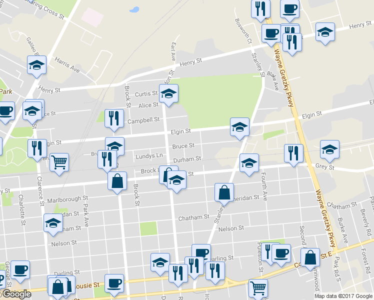 map of restaurants, bars, coffee shops, grocery stores, and more near 11 Esther Street in Brantford