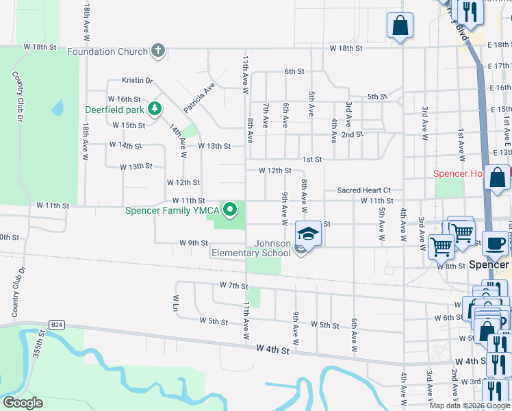 map of restaurants, bars, coffee shops, grocery stores, and more near 1110 11th Avenue West in Spencer
