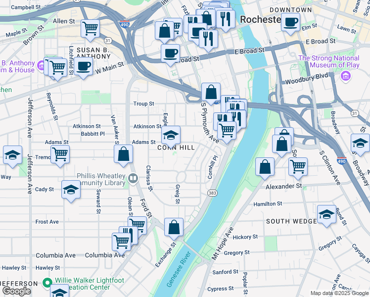 map of restaurants, bars, coffee shops, grocery stores, and more near 85 Adams Street in Rochester