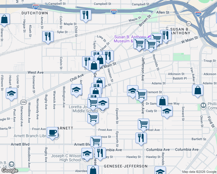 map of restaurants, bars, coffee shops, grocery stores, and more near 28 Churchlea Place in Rochester