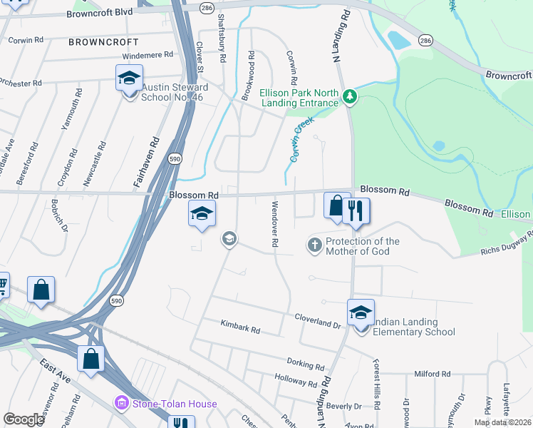 map of restaurants, bars, coffee shops, grocery stores, and more near 1575 Blossom Road in Rochester