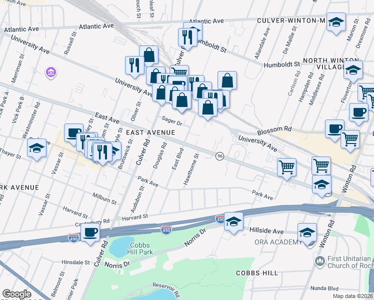 map of restaurants, bars, coffee shops, grocery stores, and more near 1350 East Avenue in Rochester
