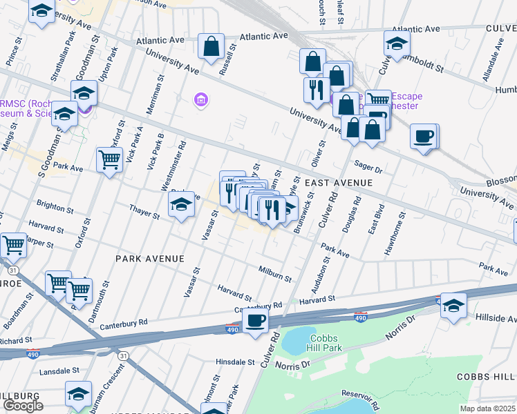 map of restaurants, bars, coffee shops, grocery stores, and more near 80 Berkeley Street in Rochester