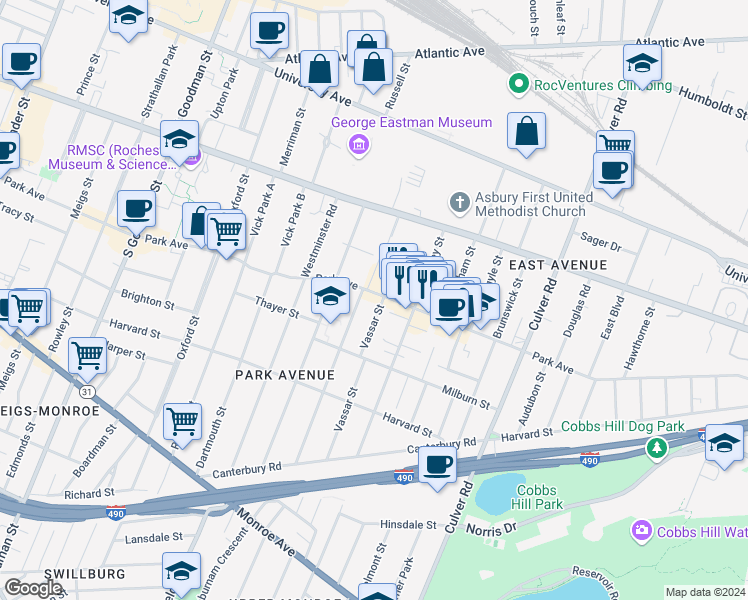 map of restaurants, bars, coffee shops, grocery stores, and more near 600 Park Avenue in Rochester