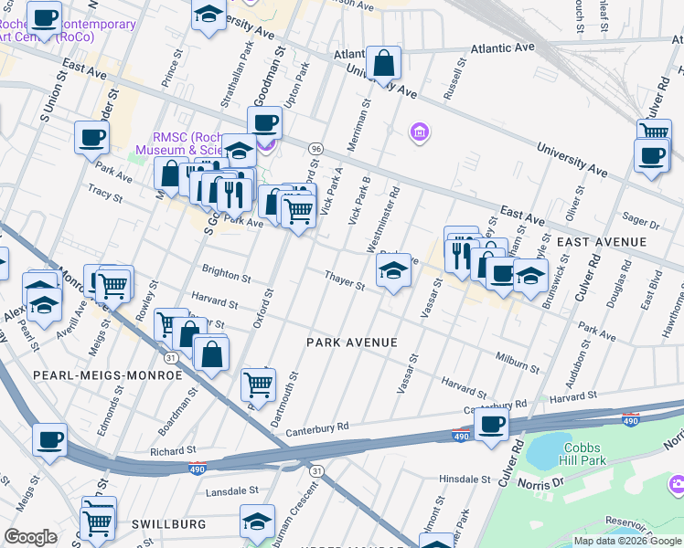 map of restaurants, bars, coffee shops, grocery stores, and more near 429 Park Avenue in Rochester