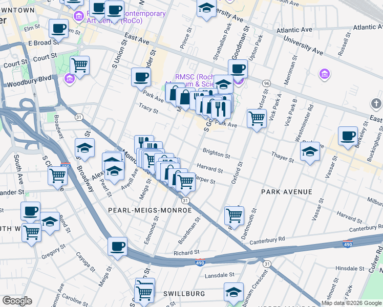 map of restaurants, bars, coffee shops, grocery stores, and more near 24 Rowley Street in Rochester