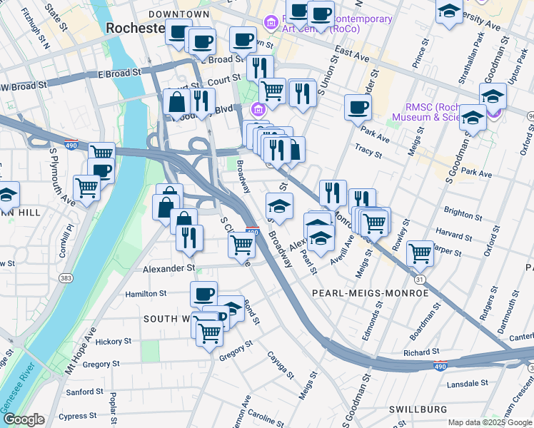 map of restaurants, bars, coffee shops, grocery stores, and more near 39 Pearl Street in Rochester
