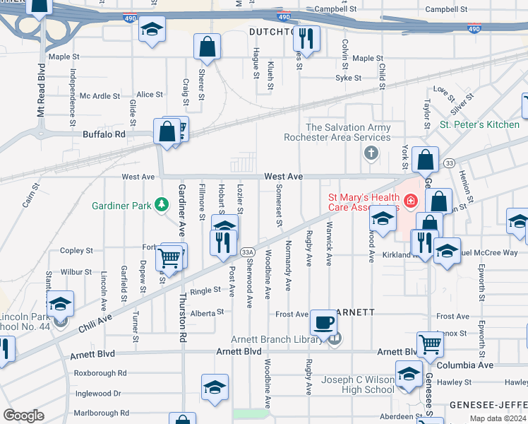 map of restaurants, bars, coffee shops, grocery stores, and more near 40 Thorndale Terrace in Rochester