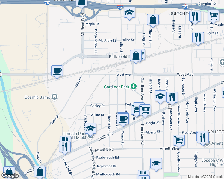 map of restaurants, bars, coffee shops, grocery stores, and more near 43 Garfield Street in Rochester