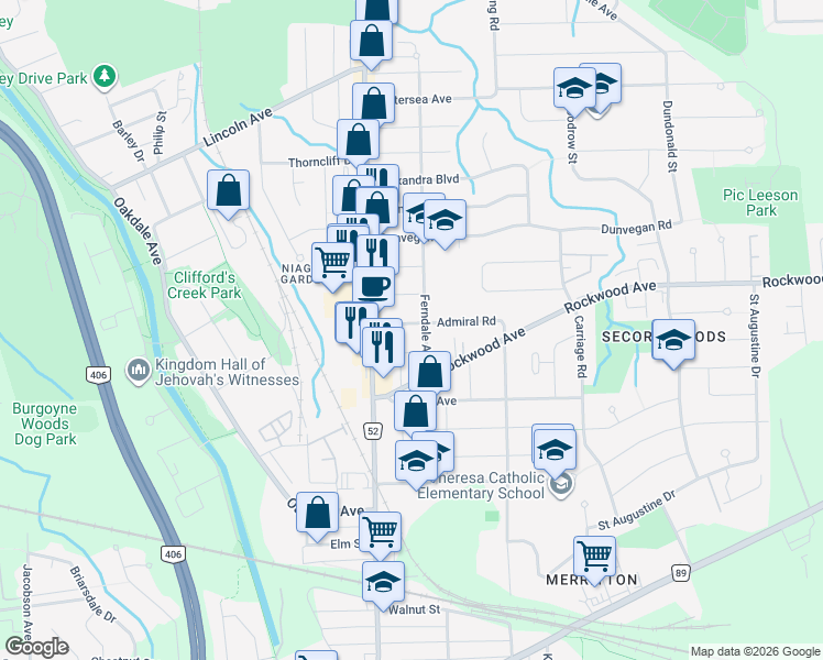 map of restaurants, bars, coffee shops, grocery stores, and more near in St. Catharines