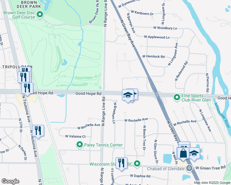 map of restaurants, bars, coffee shops, grocery stores, and more near 2510 Good Hope Road in Glendale