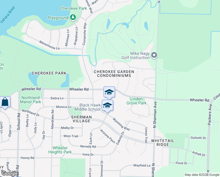 map of restaurants, bars, coffee shops, grocery stores, and more near 1418 Wheeler Road in Madison