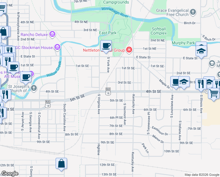 map of restaurants, bars, coffee shops, grocery stores, and more near 835 3rd St SE in Mason City