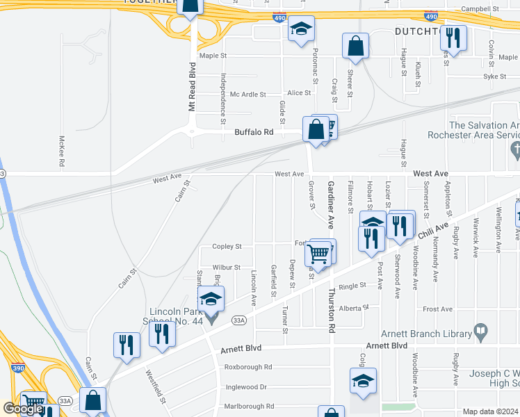 map of restaurants, bars, coffee shops, grocery stores, and more near 72 Lincoln Avenue in Rochester