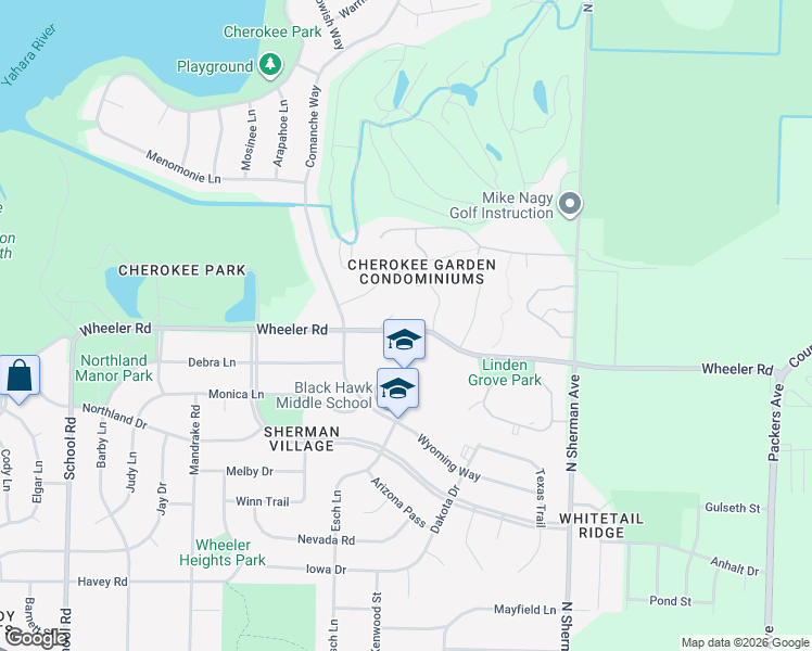 map of restaurants, bars, coffee shops, grocery stores, and more near 1418 Wheeler Road in Madison
