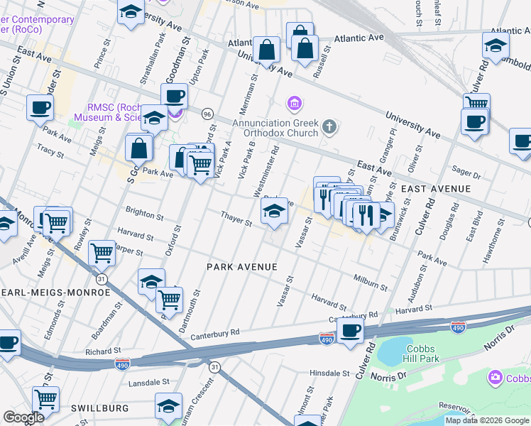 map of restaurants, bars, coffee shops, grocery stores, and more near in Rochester