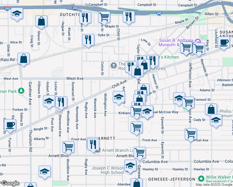 map of restaurants, bars, coffee shops, grocery stores, and more near 30 Kenwood Avenue in Rochester