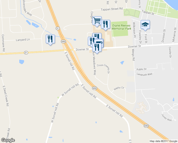 map of restaurants, bars, coffee shops, grocery stores, and more near 13 Sun Meadows Way in Baldwinsville